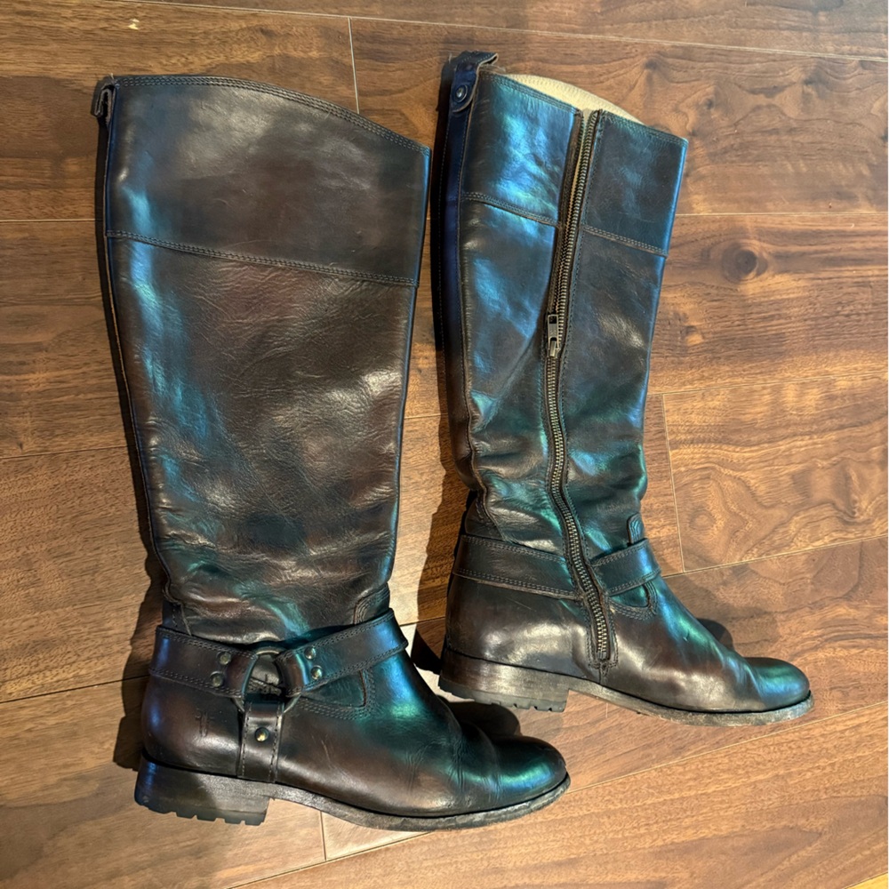 Frye Wide Leg Boots - Brown Leather - Melissa Harness Inside Zip Riding Boots